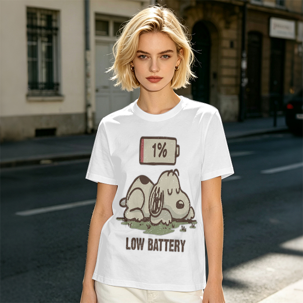 Olive T-Shirt With Tired Dog 1% Battery Graphic Print