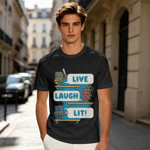 Olive T-Shirt With Cartoon Books 'Live Laugh Lit' Graphic