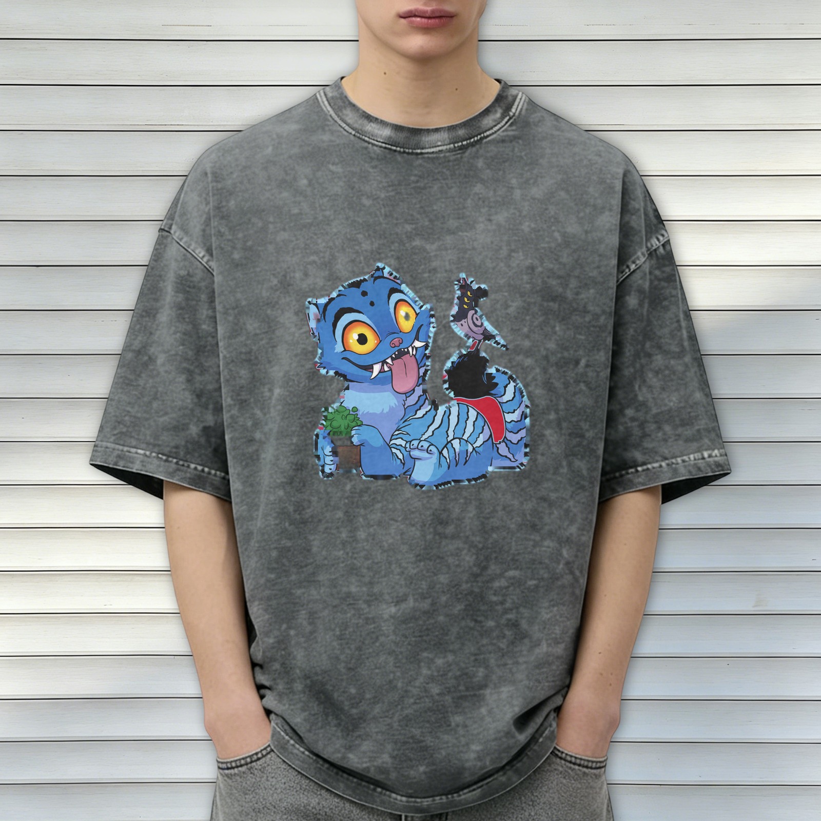 Washed black graphic t-shirt with playful blue fantasy cat print
