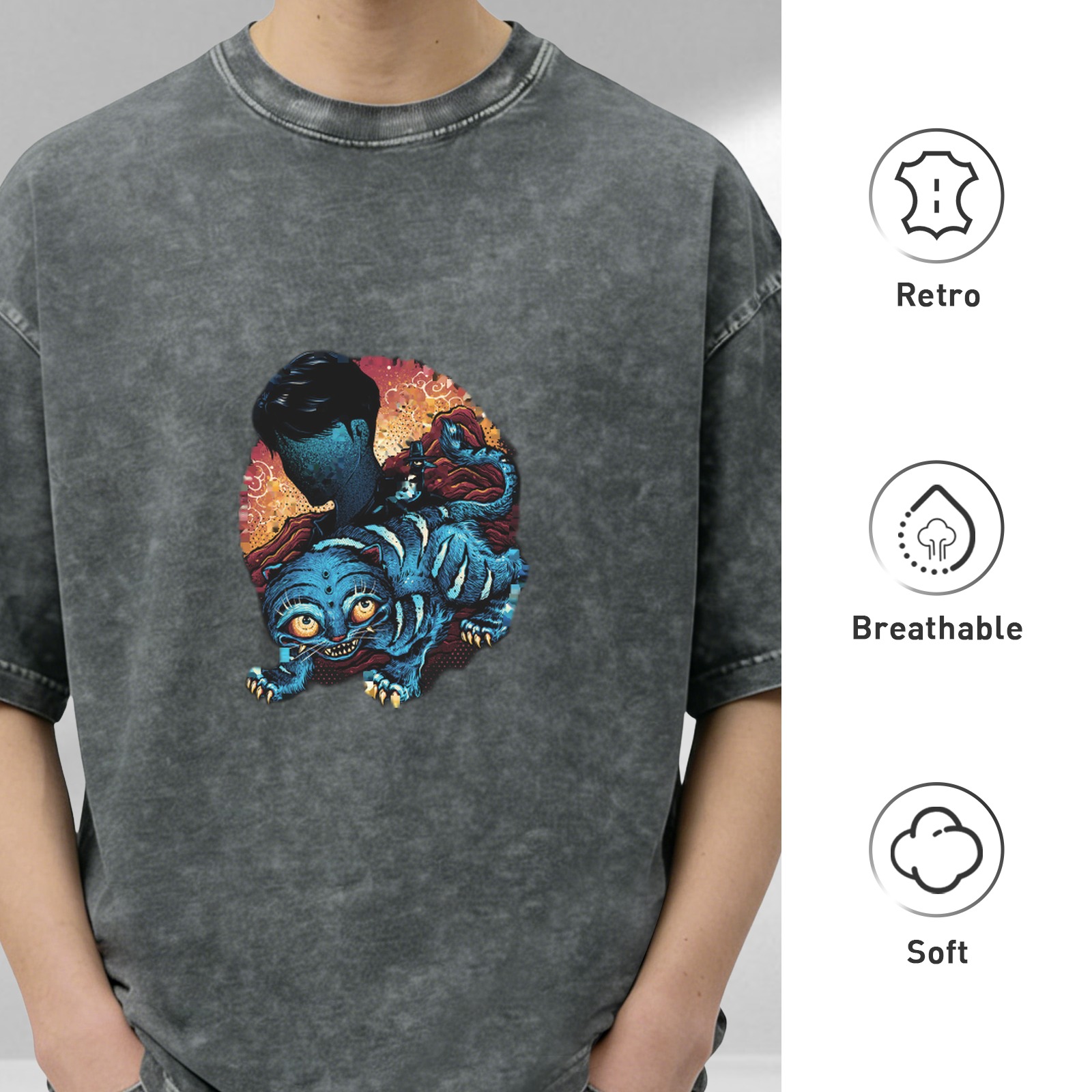 Distressed washed black loose short-sleeved T-shirt Creative blue cat monster print top
