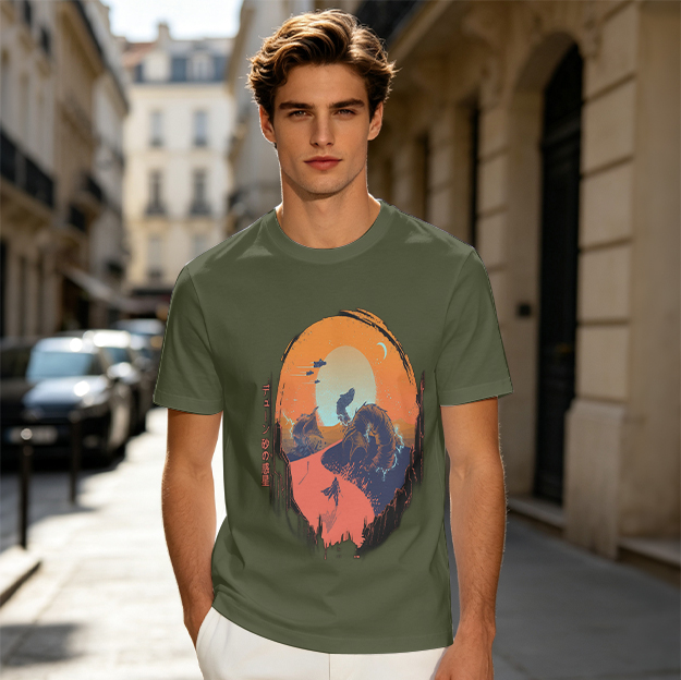 Olive T-Shirt with Sunset Mountain Wolf Silhouette Art Print