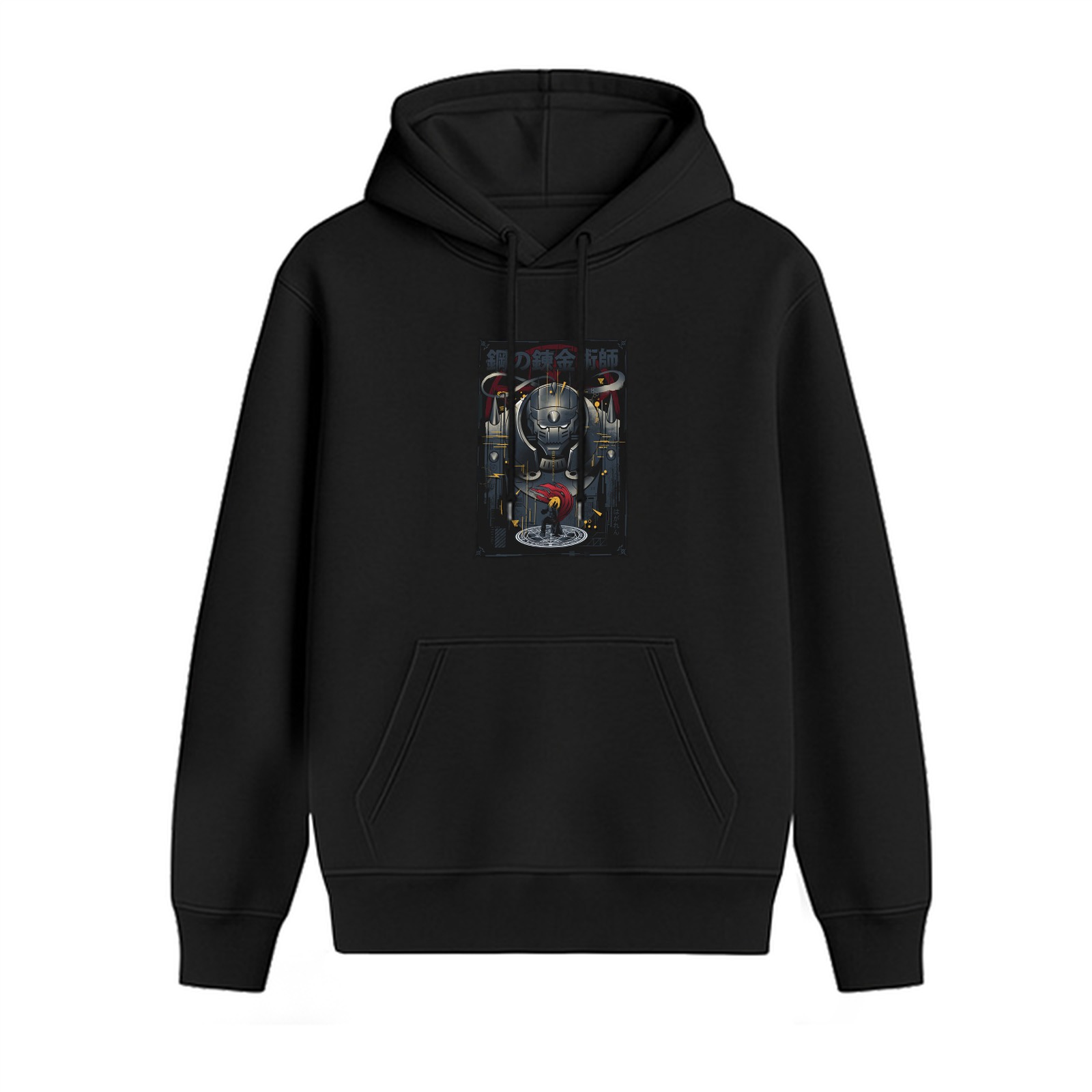 Black hoodie with anime armored figure graphic design