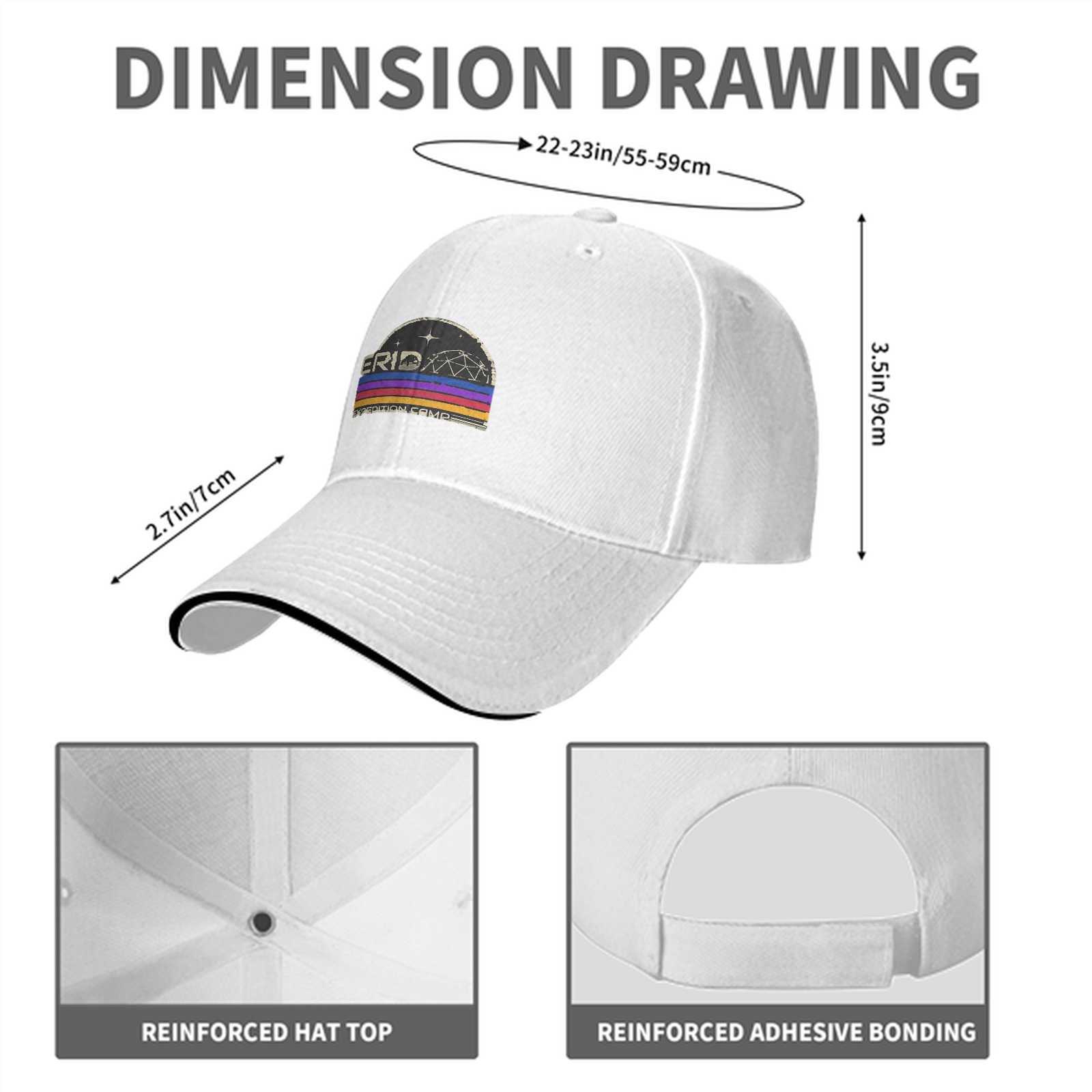 Black baseball cap with retro Erid Expedition Camp graphic