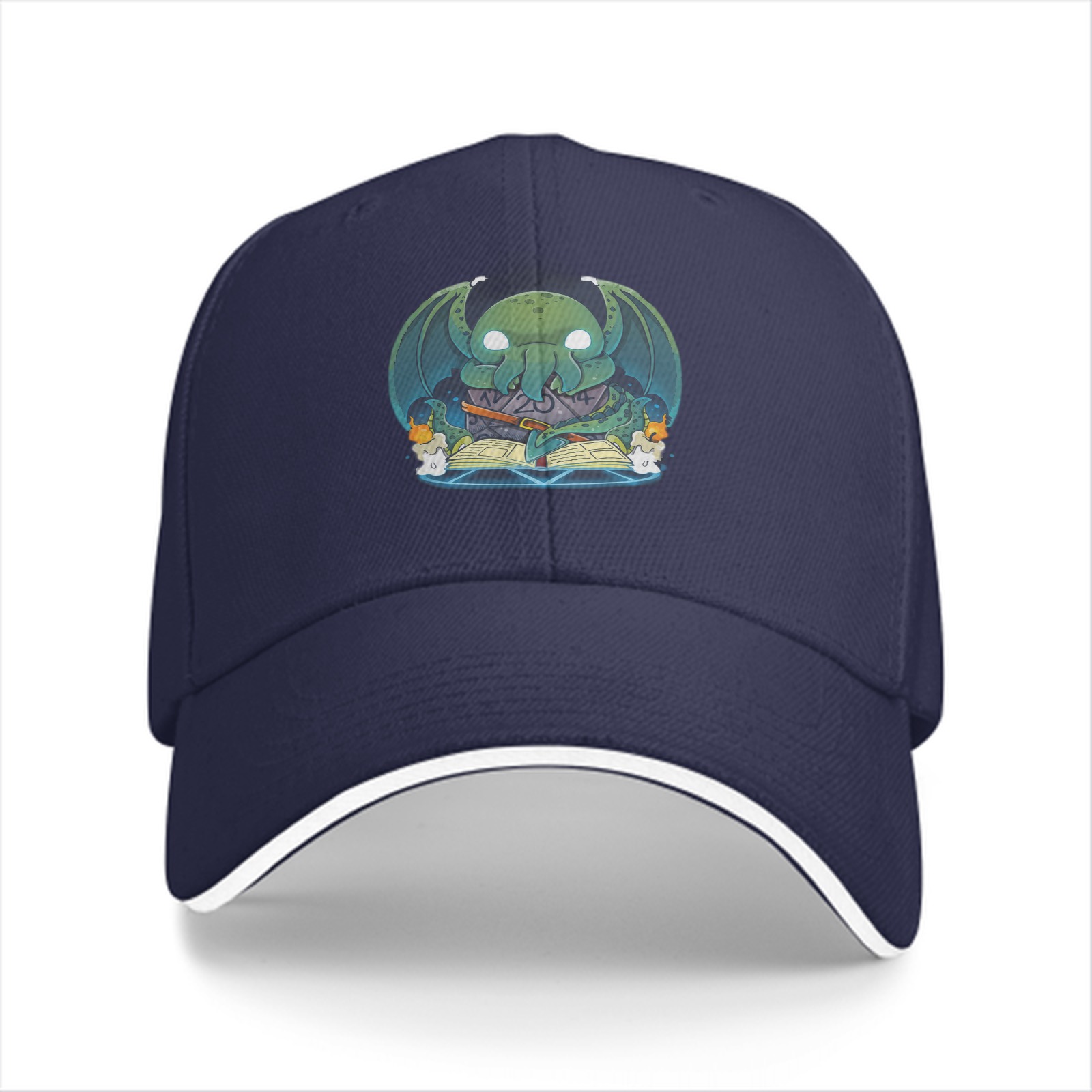 Black Baseball Cap With Cute Cthulhu Reading Spellbook Art