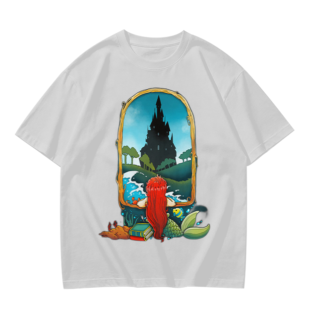Olive T-Shirt With Mermaid Looking At Castle Art Print