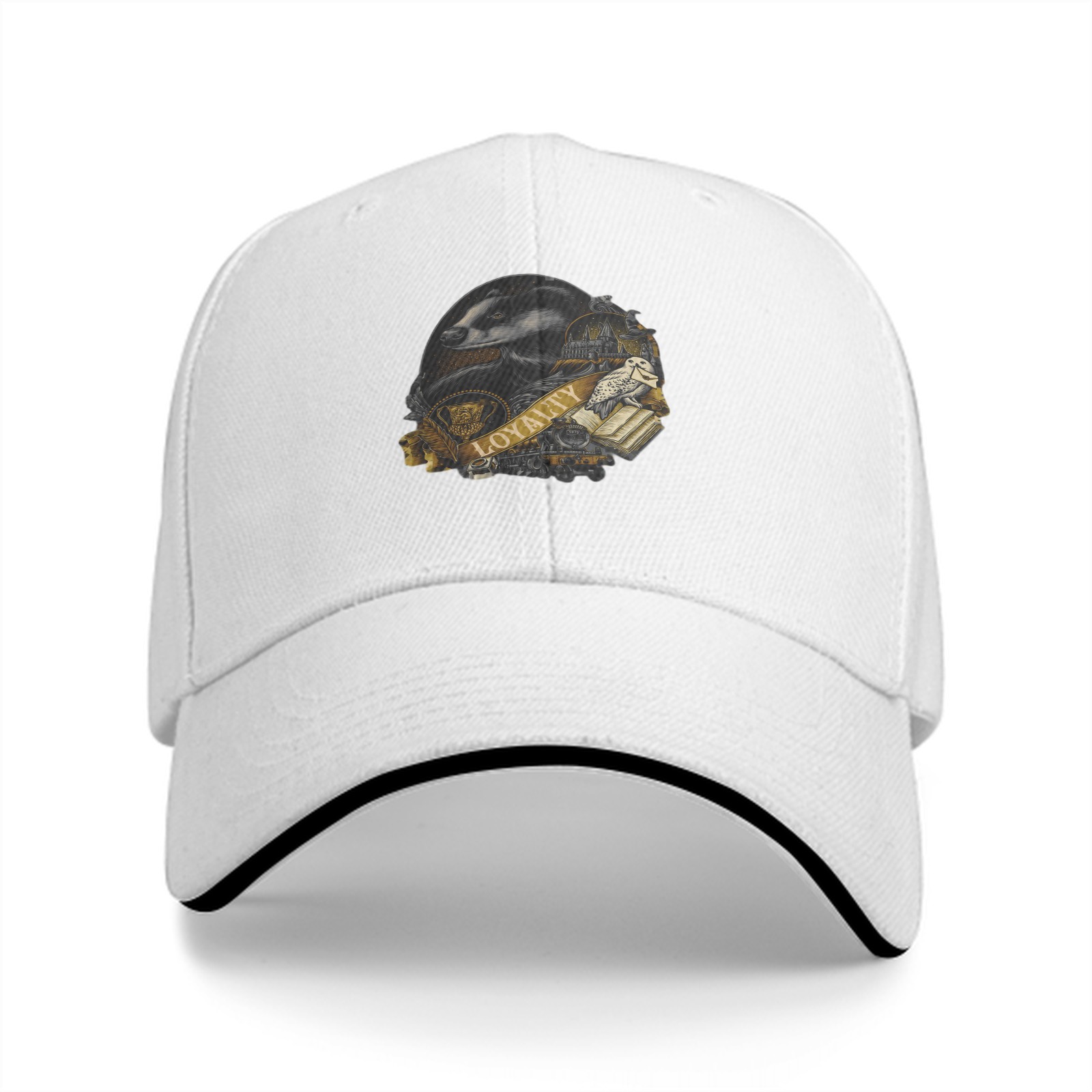 Black baseball cap with Hufflepuff loyalty badger crest print
