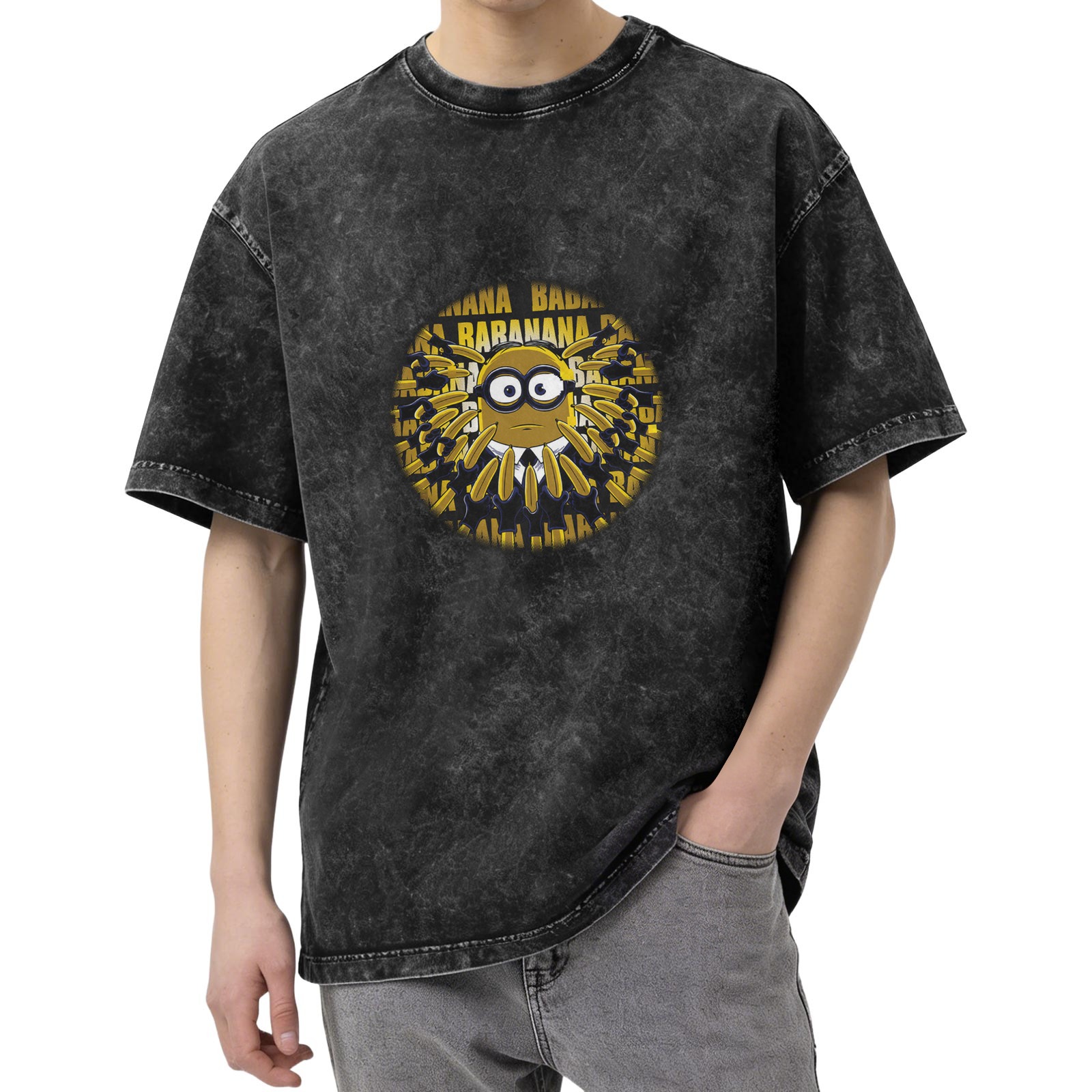 Washed Black Minion Banana Graphic Short Sleeve T-Shirt
