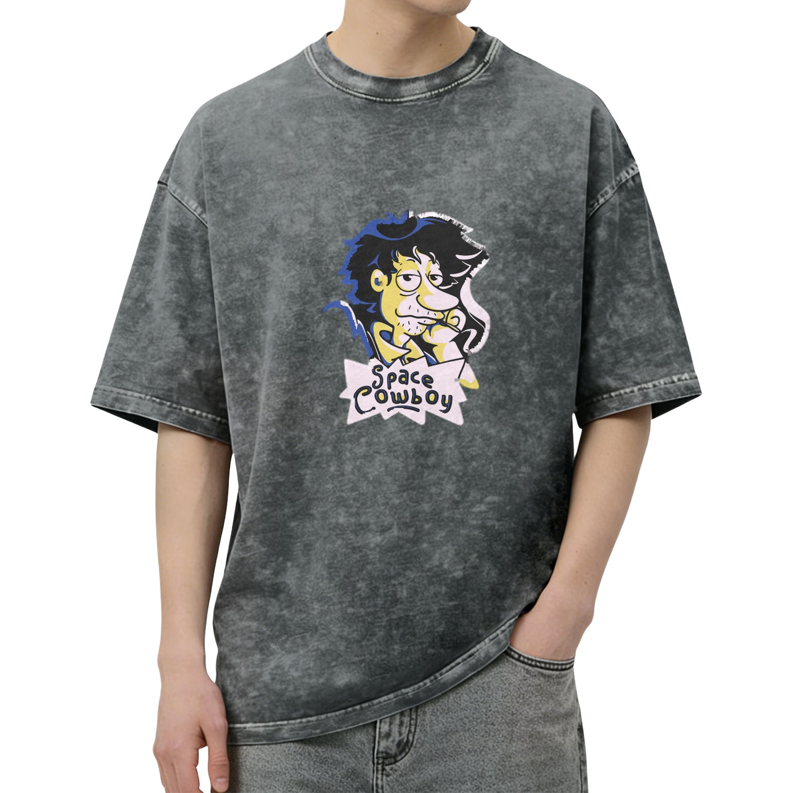 Washed Black T-Shirt with Space Cowboy Cartoon Graphic Print