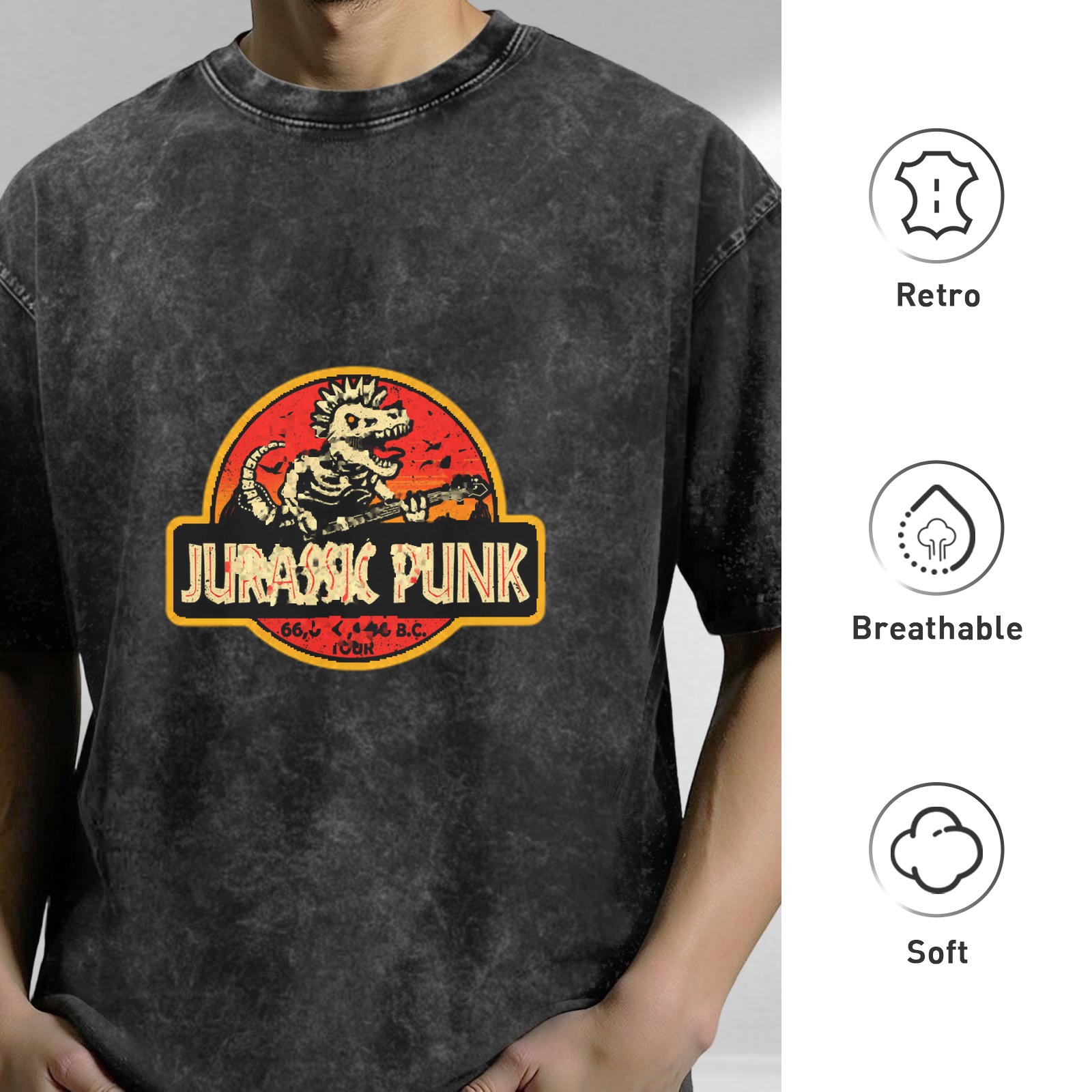 Jurassic Punk Dinosaur Skeleton Graphic Acid Wash T-Shirt