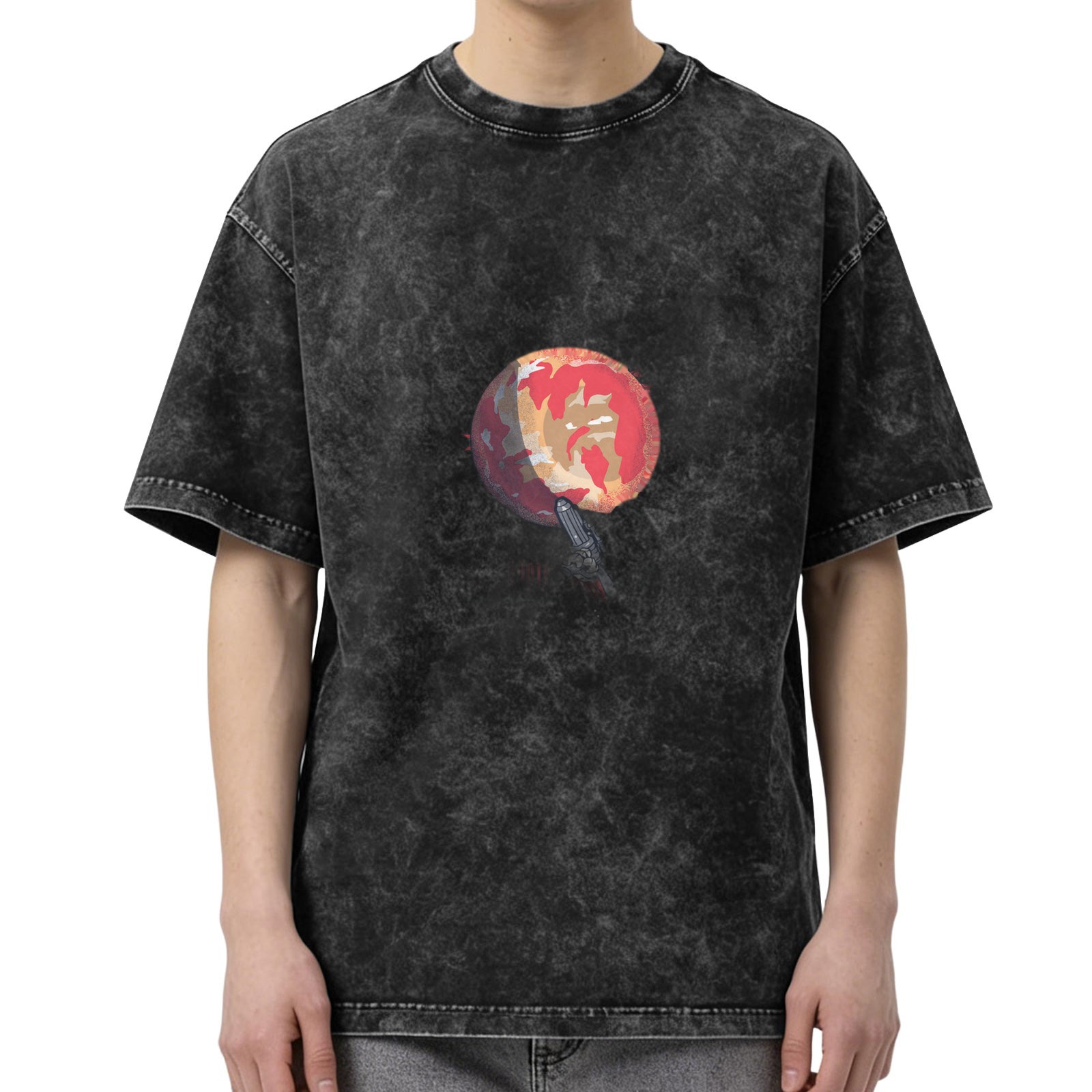 Oversized Acid Wash Black T-Shirt With Red Lollipop Graphic