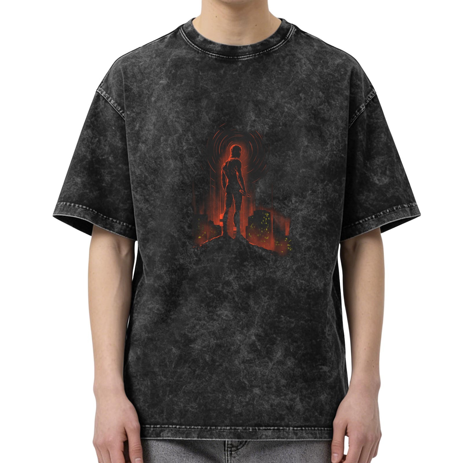 Oversized acid wash t-shirt with glowing red silhouette figure print