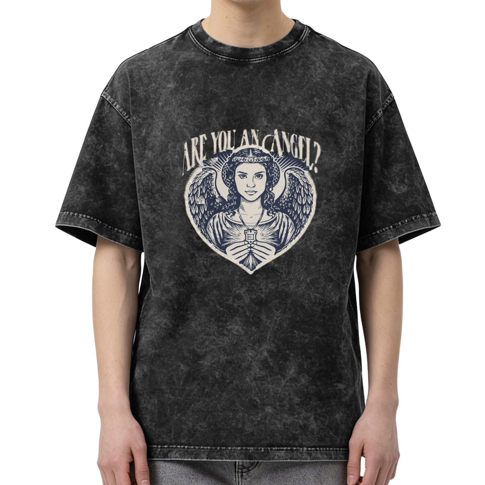 Oversized dark wash graphic t-shirt with angel and 'Are You An Angel?' text