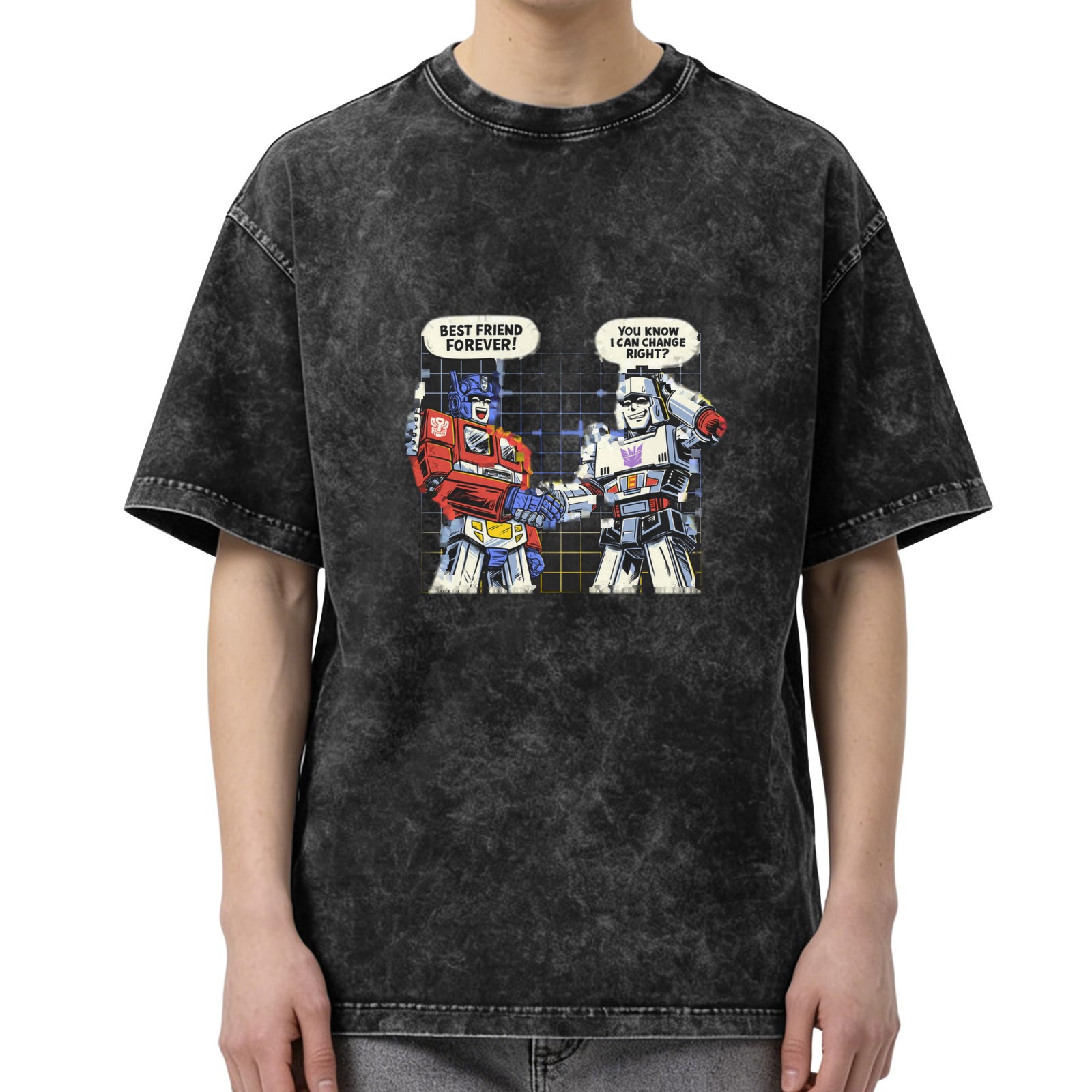 Washed graphic tee with Transformers best friends forever joke print