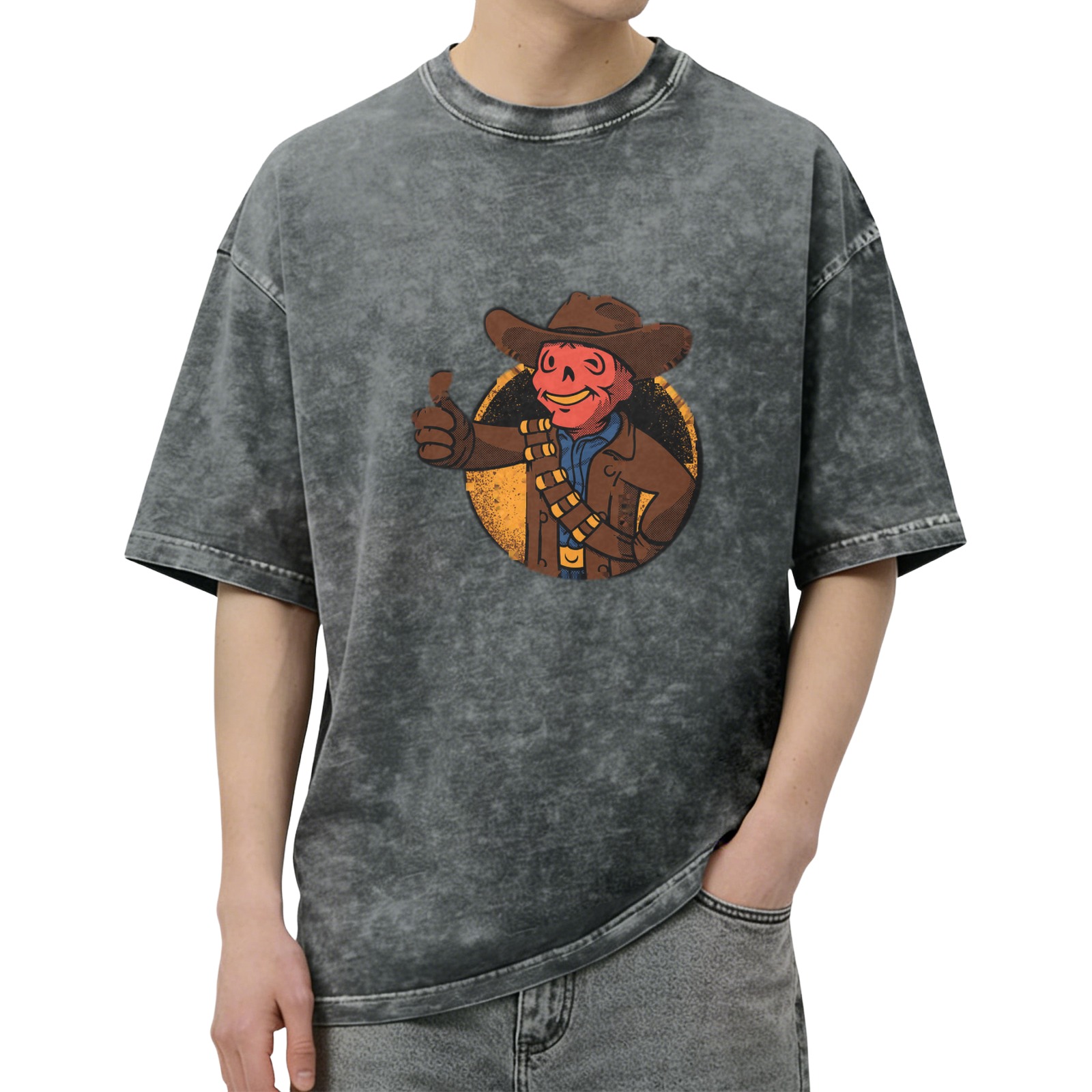 Distressed washed black short-sleeved T-shirt Fallout game themed skull denim printed loose top