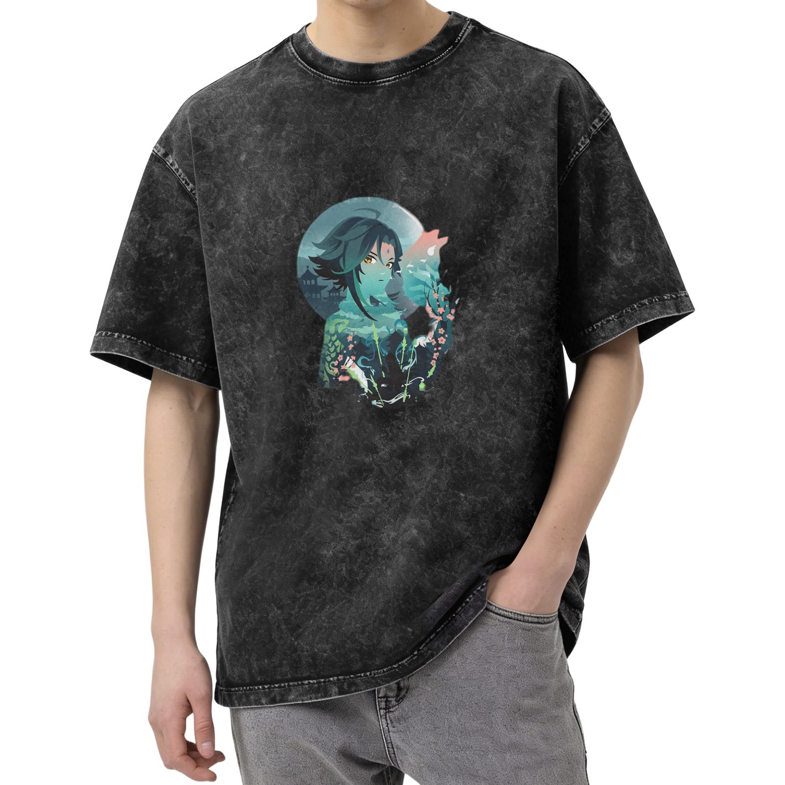 Oversized Washed Black T-Shirt with Anime Character Graphic Print