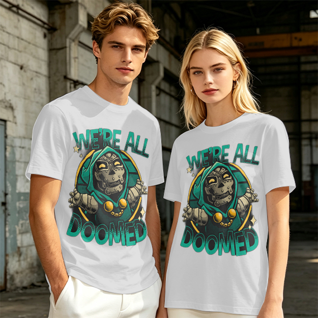 Olive T-Shirt Featuring 'We're All Doomed' Doom Character Art