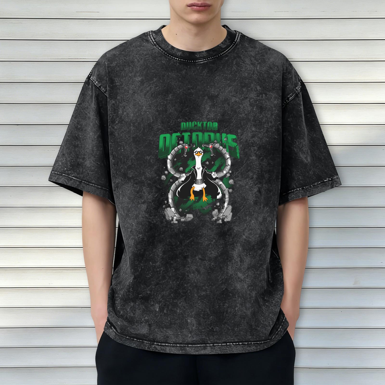 Oversized Dark Wash T-Shirt With Ducktor Octopus Graphic