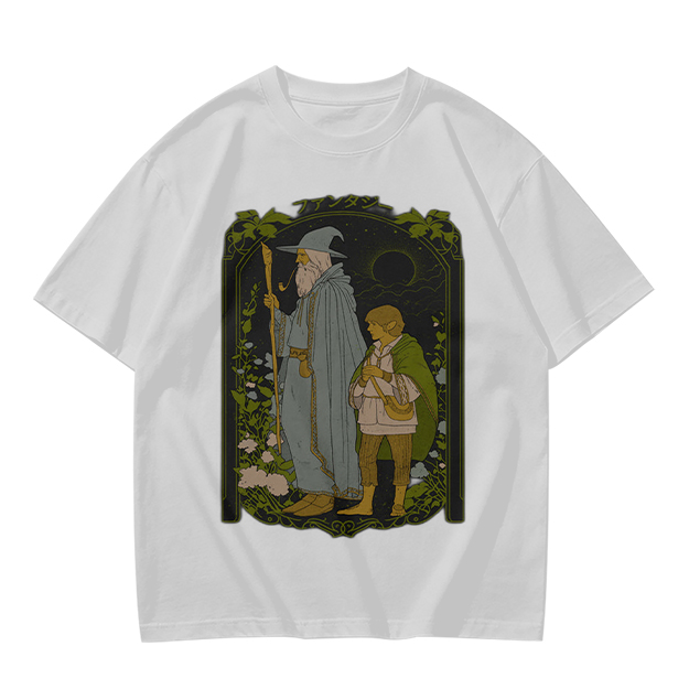 Olive T-Shirt with Wizard and Hobbit Fantasy Art Print
