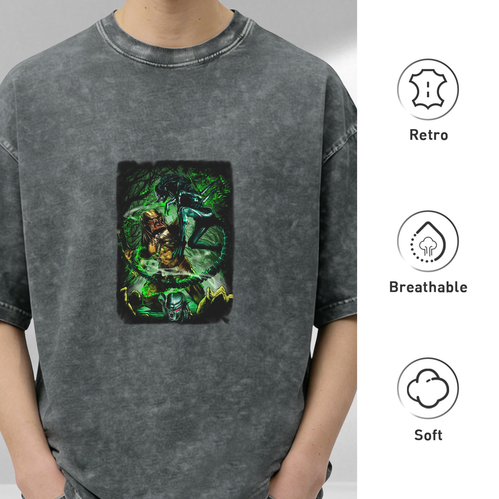 Washed Black Oversized T-Shirt With Alien Vs Predator Graphic
