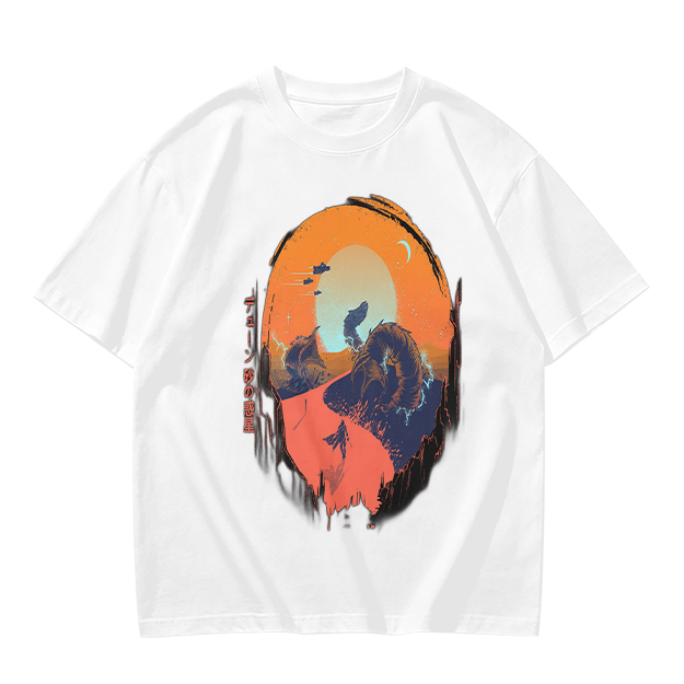 Olive T-Shirt with Sunset Mountain Wolf Silhouette Art Print