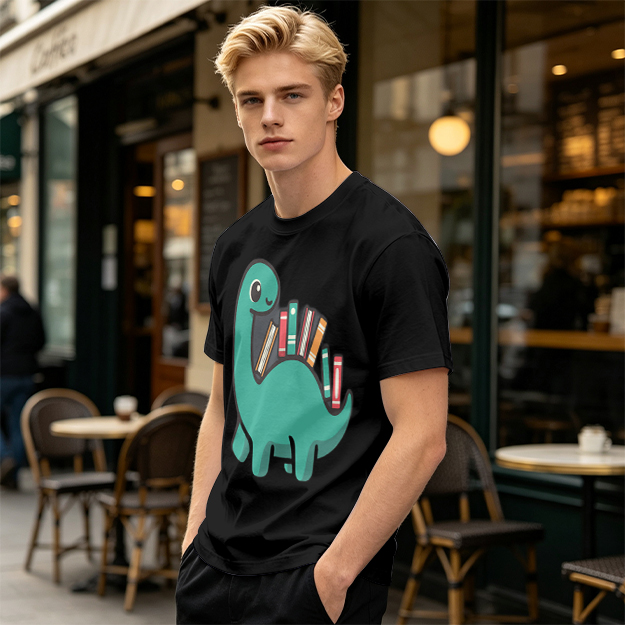 Olive T-shirt with cute dinosaur carrying books graphic