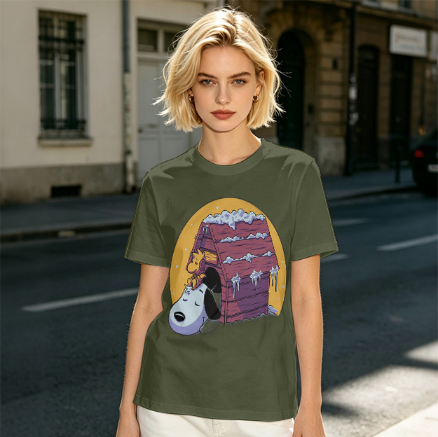 Olive T-shirt with Snoopy and Woodstock at snow-covered doghouse