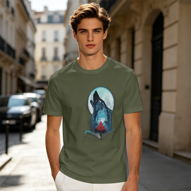 Olive T-Shirt With Red Riding Hood Wolf Moon Graphic