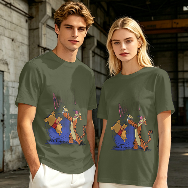 Olive T-Shirt Featuring Winnie the Pooh and Tigger Playing