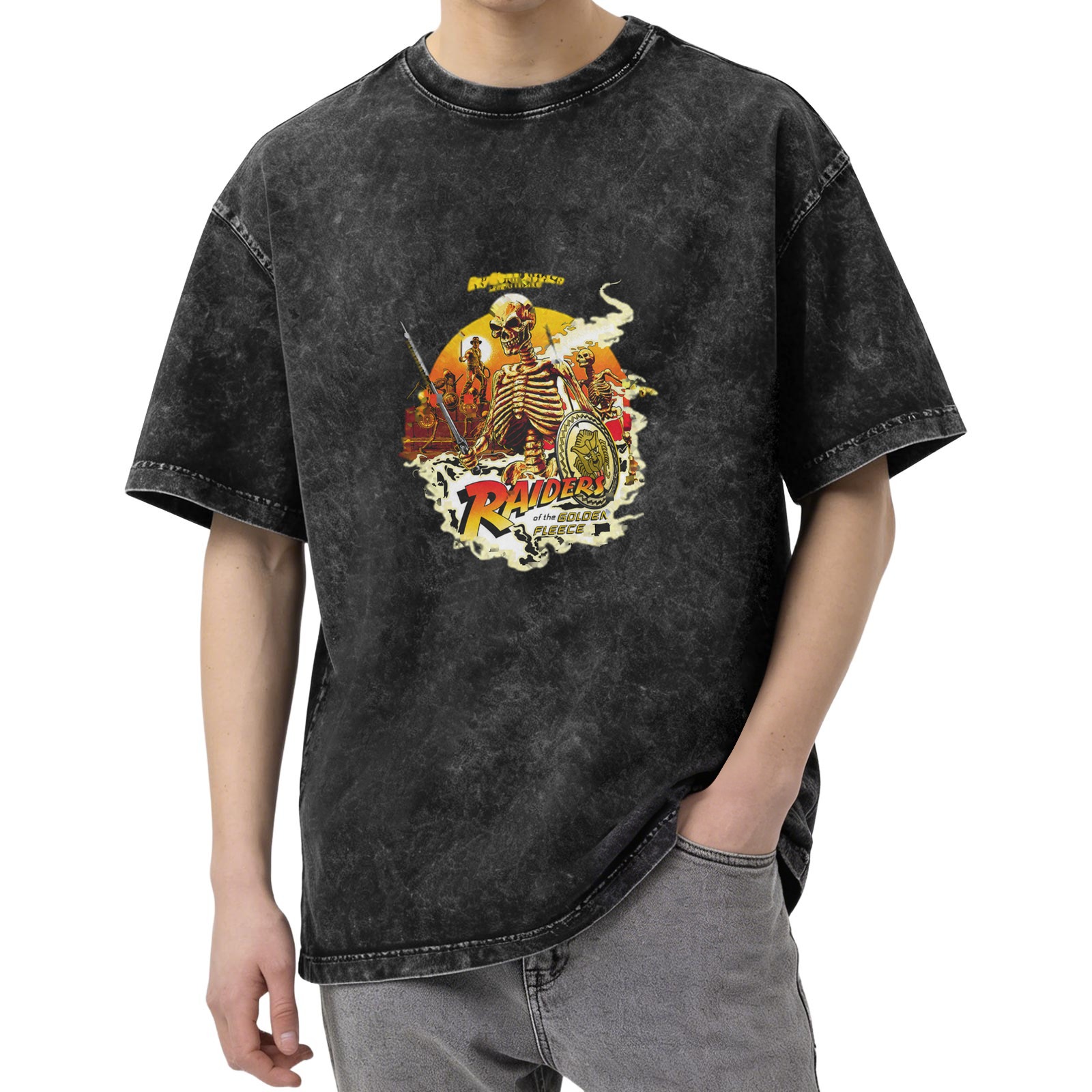 Washed Black Graphic T-Shirt with Raiders of the Golden Fleece Skeleton Print