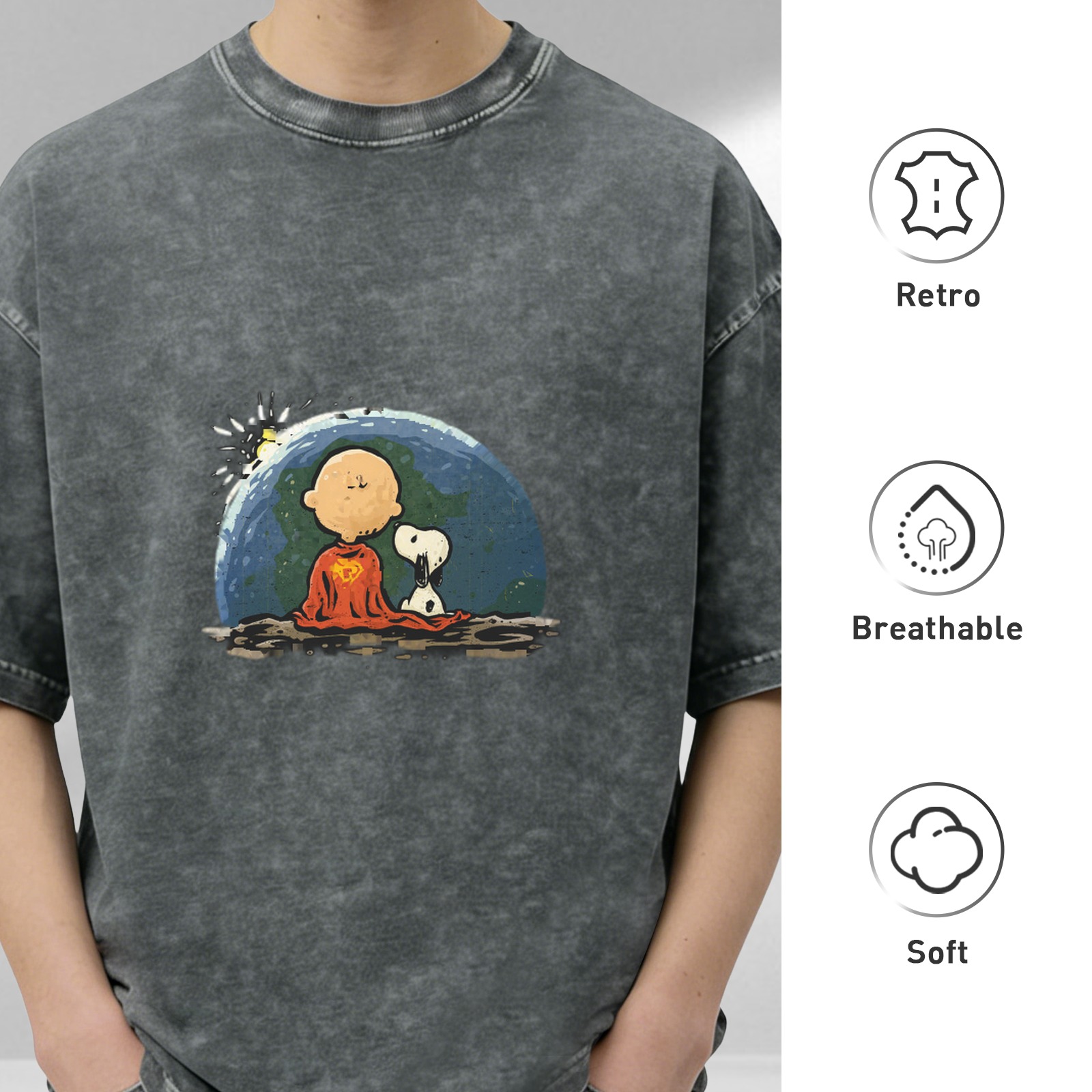 Washed distressed black loose short-sleeved T-shirt Peanuts comic Charlie Brown Snoopy printed top
