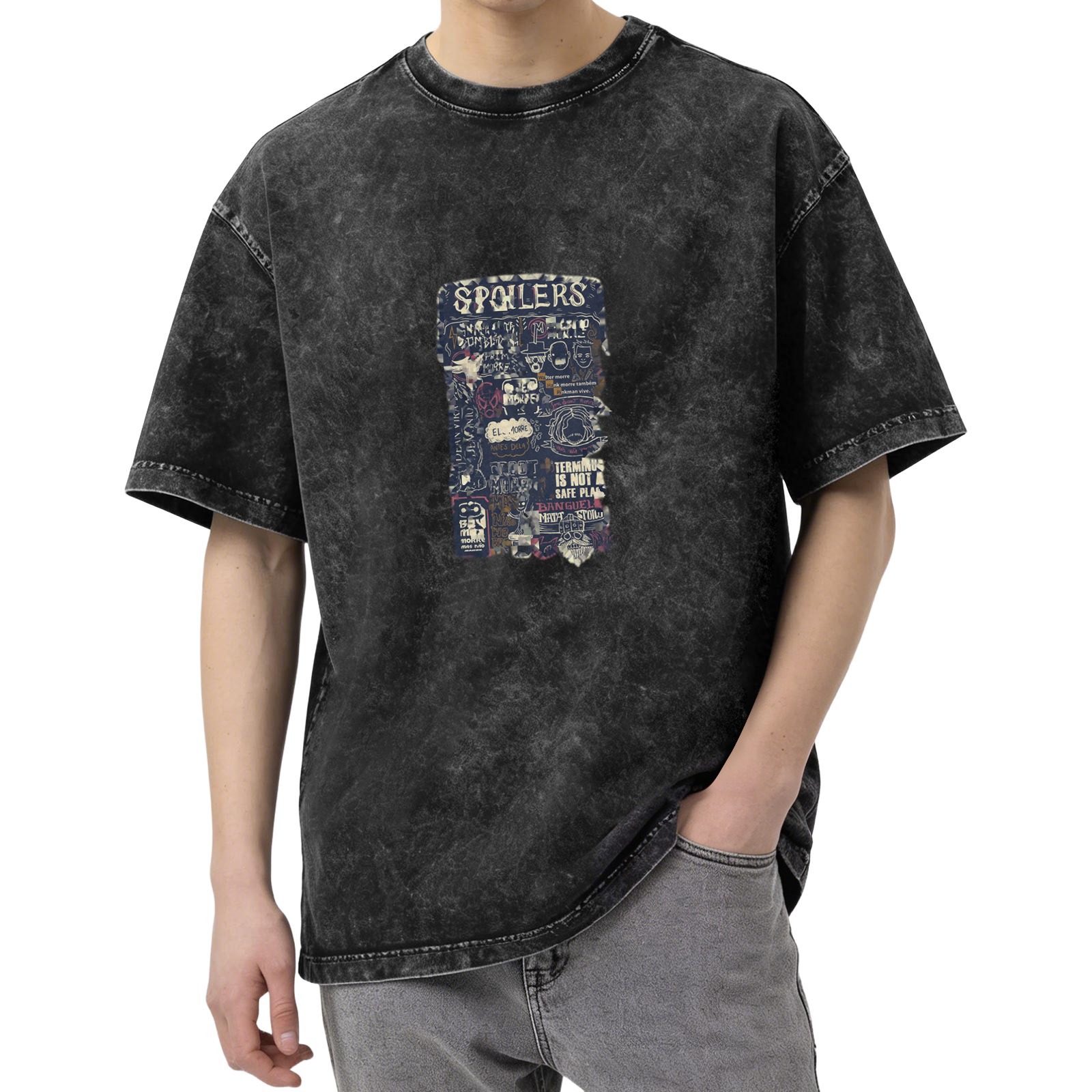 Washed black graphic t-shirt with 'SPOILERS' themed print