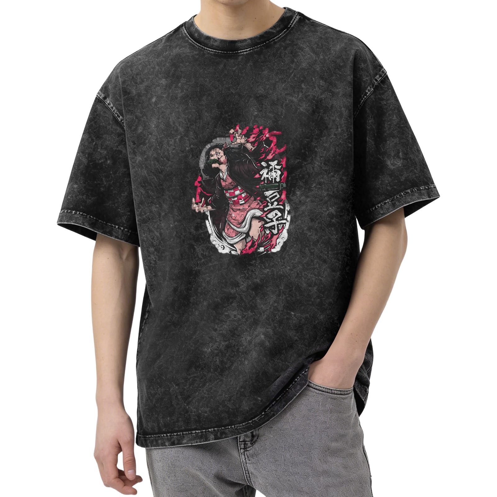 Oversized Acid Wash Anime Demon Slayer Nezuko Graphic T-Shirt