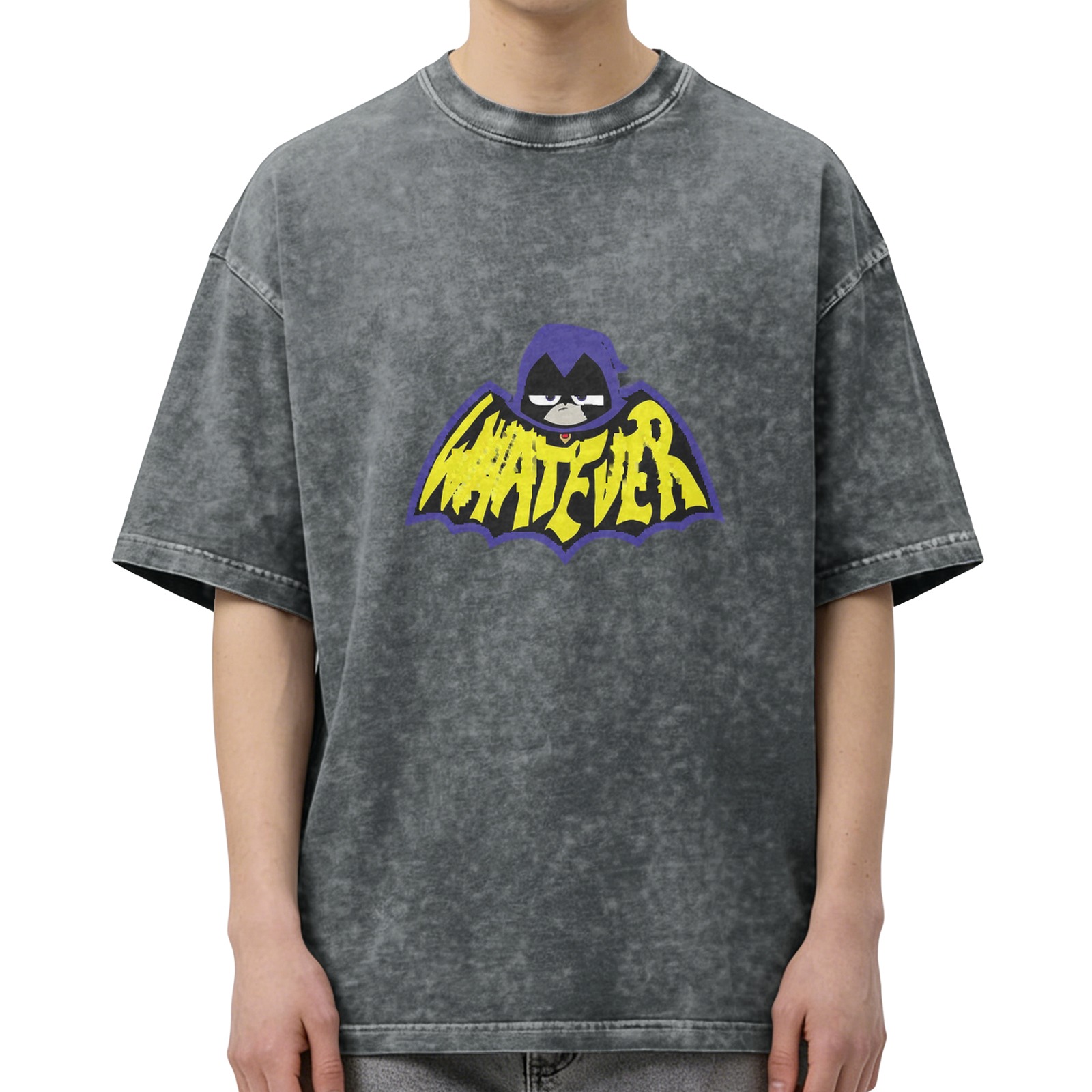 Teen Titans Raven Whatever Bat Logo Acid Wash Black T-Shirt