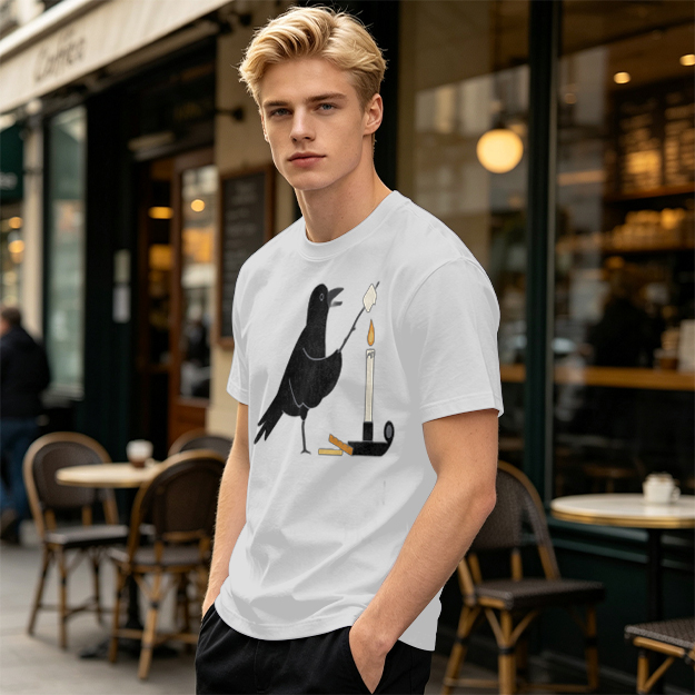 Olive T-Shirt With Crow Roasting Marshmallow Over Candle Print