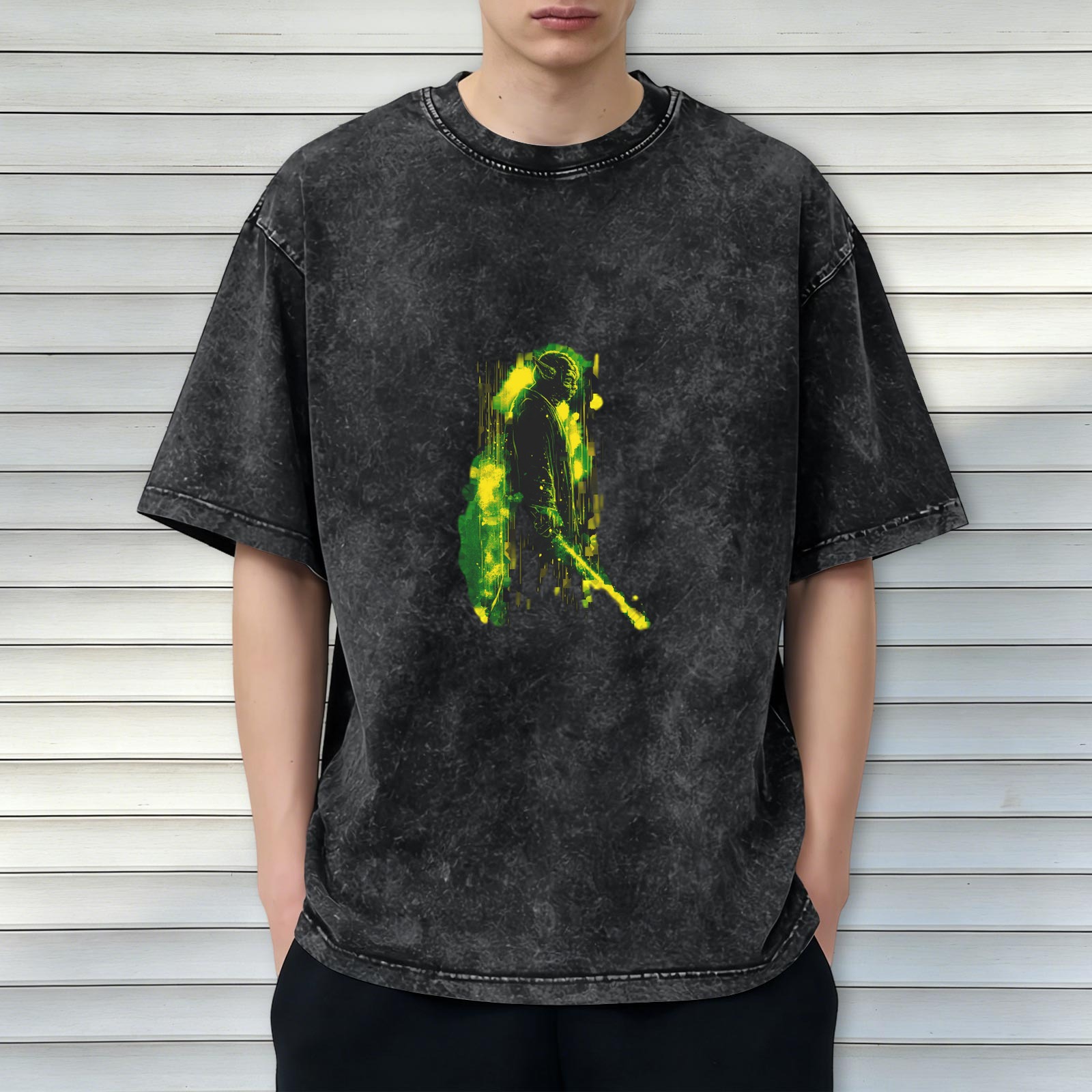 Oversized Acid Wash T-Shirt With Abstract Green Yellow Figure Print