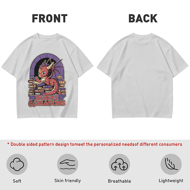 Olive t-shirt with cute red dragon reading books graphic