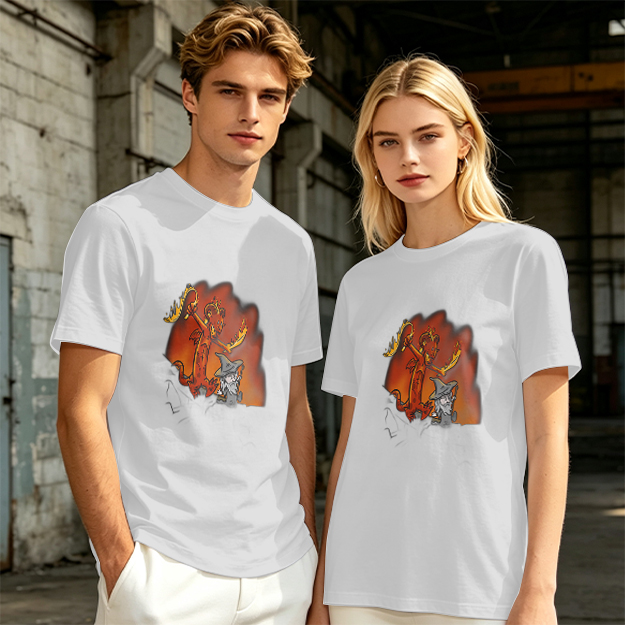Olive T-shirt with Cartoon Demon and Wizard Fantasy Print