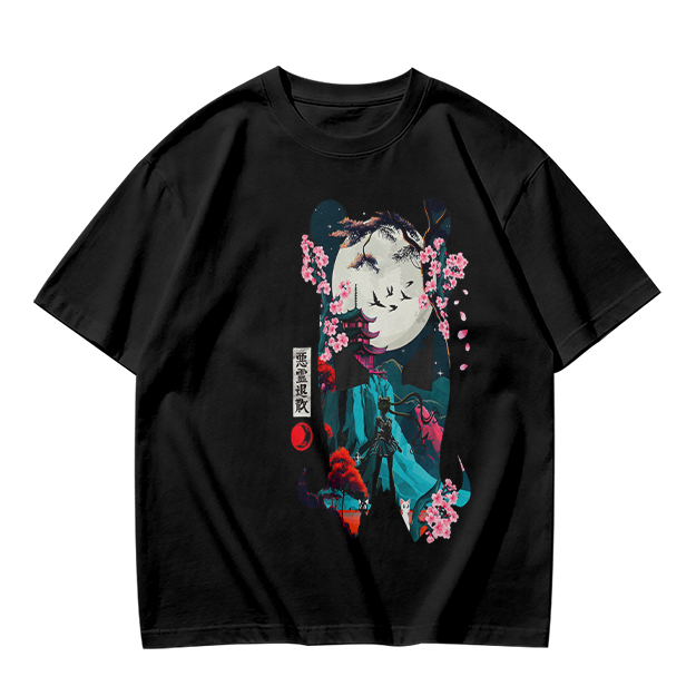 Olive T-shirt with Japanese-inspired moon and cherry blossom graphic