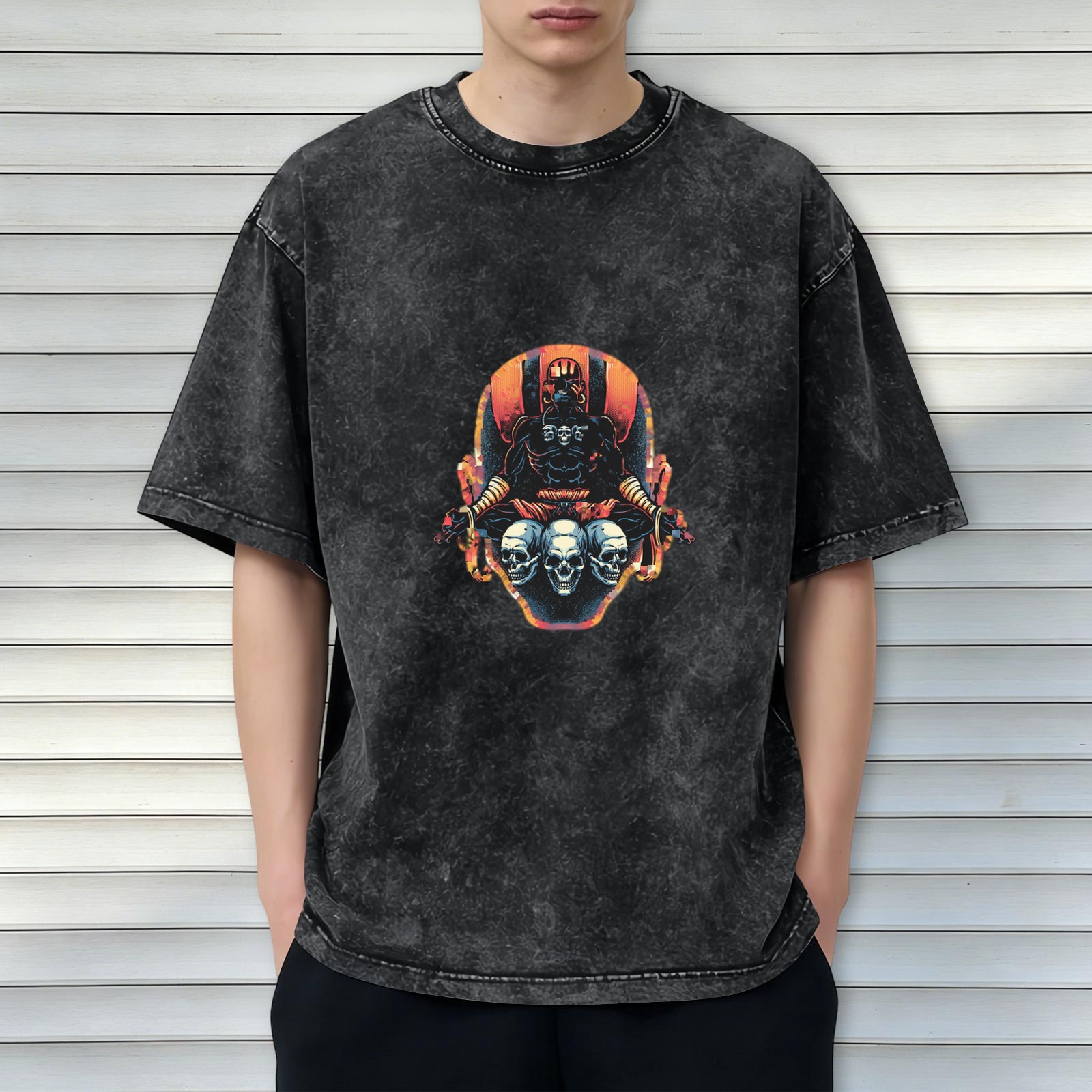 Washed Black T-Shirt With Dark Warrior And Skulls Graphic