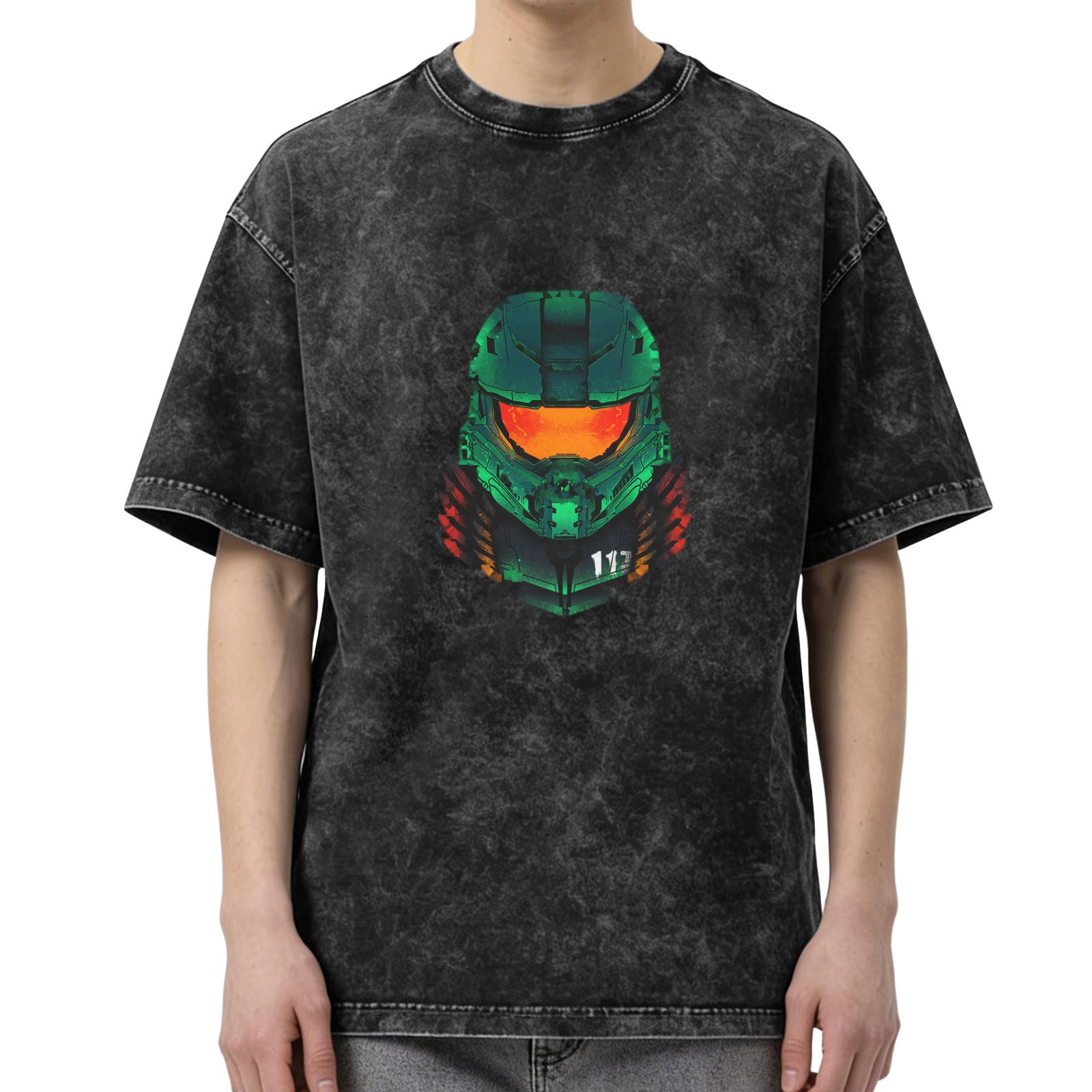 Oversized Stonewashed T-Shirt With Master Chief Helmet Graphic