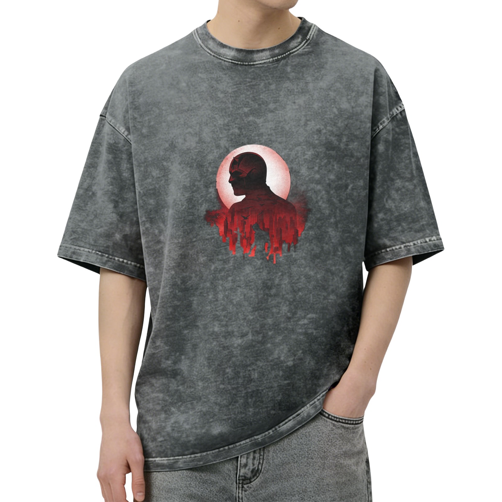 Washed Black T-Shirt with Superhero Silhouette and Red City Print