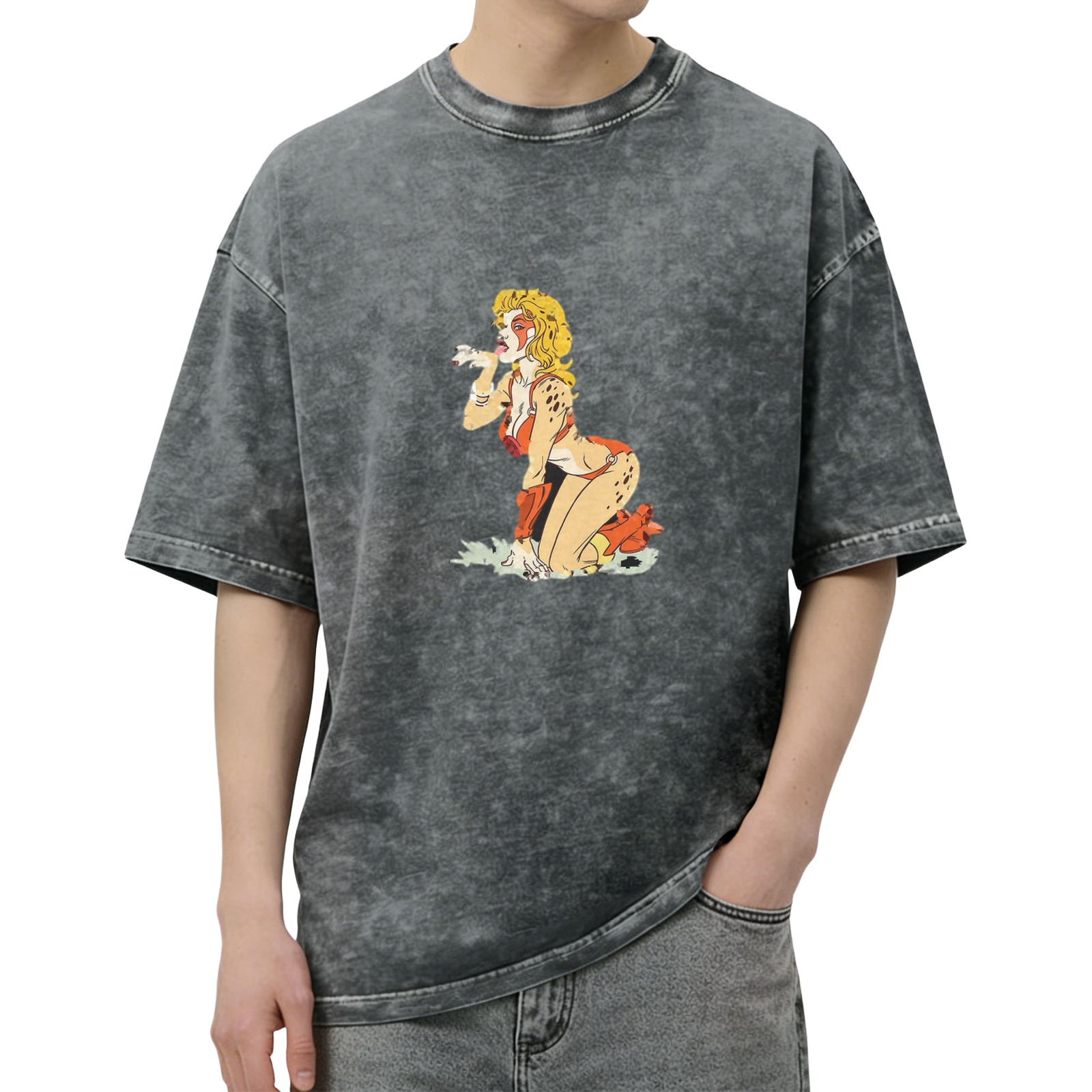 oversized acid wash t-shirt with retro cheetah girl graphic print