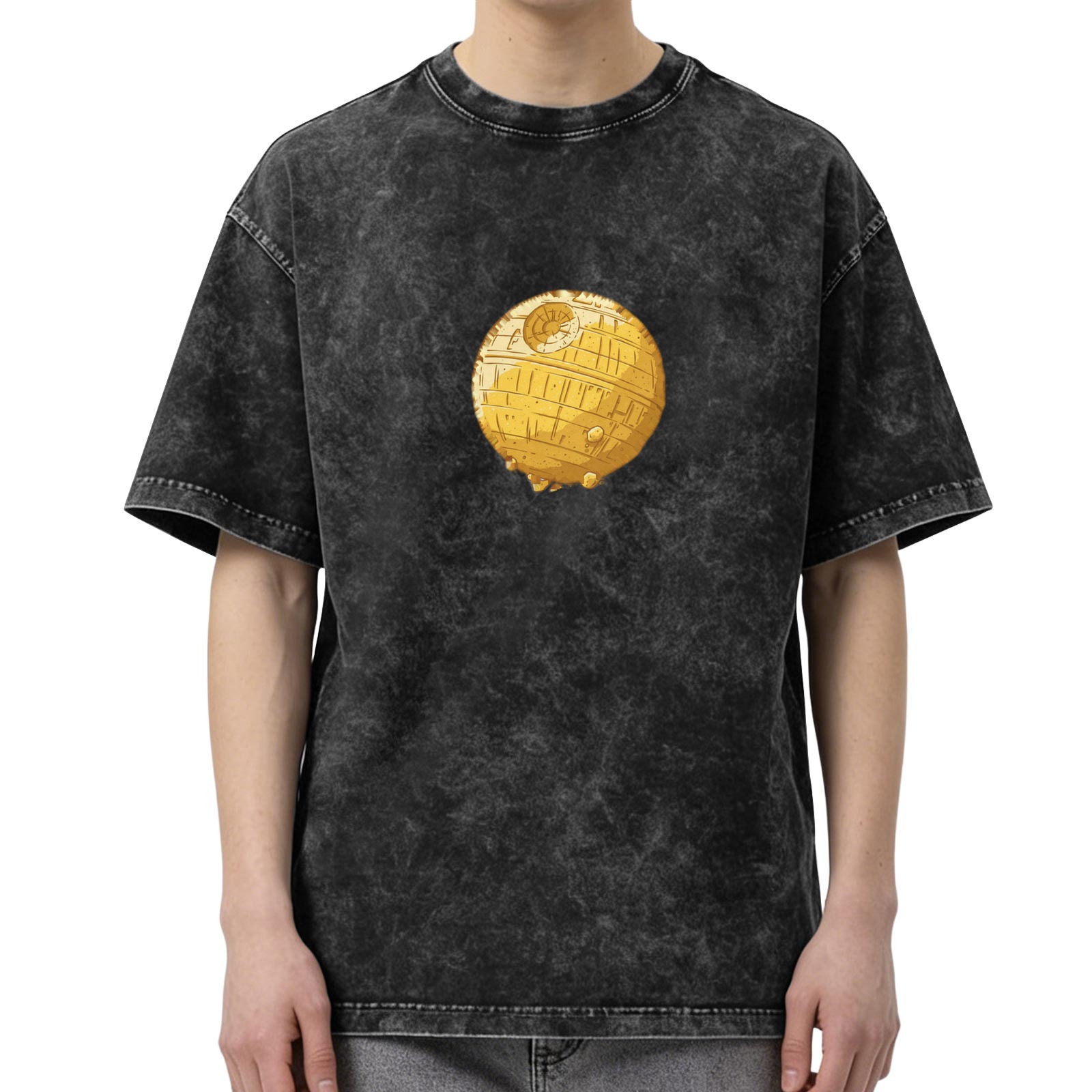 Oversized Stonewashed T-Shirt With Golden Death Star Print