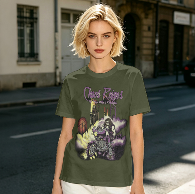 Olive Graphic T-Shirt with Chaos Reigns Biker Artwork