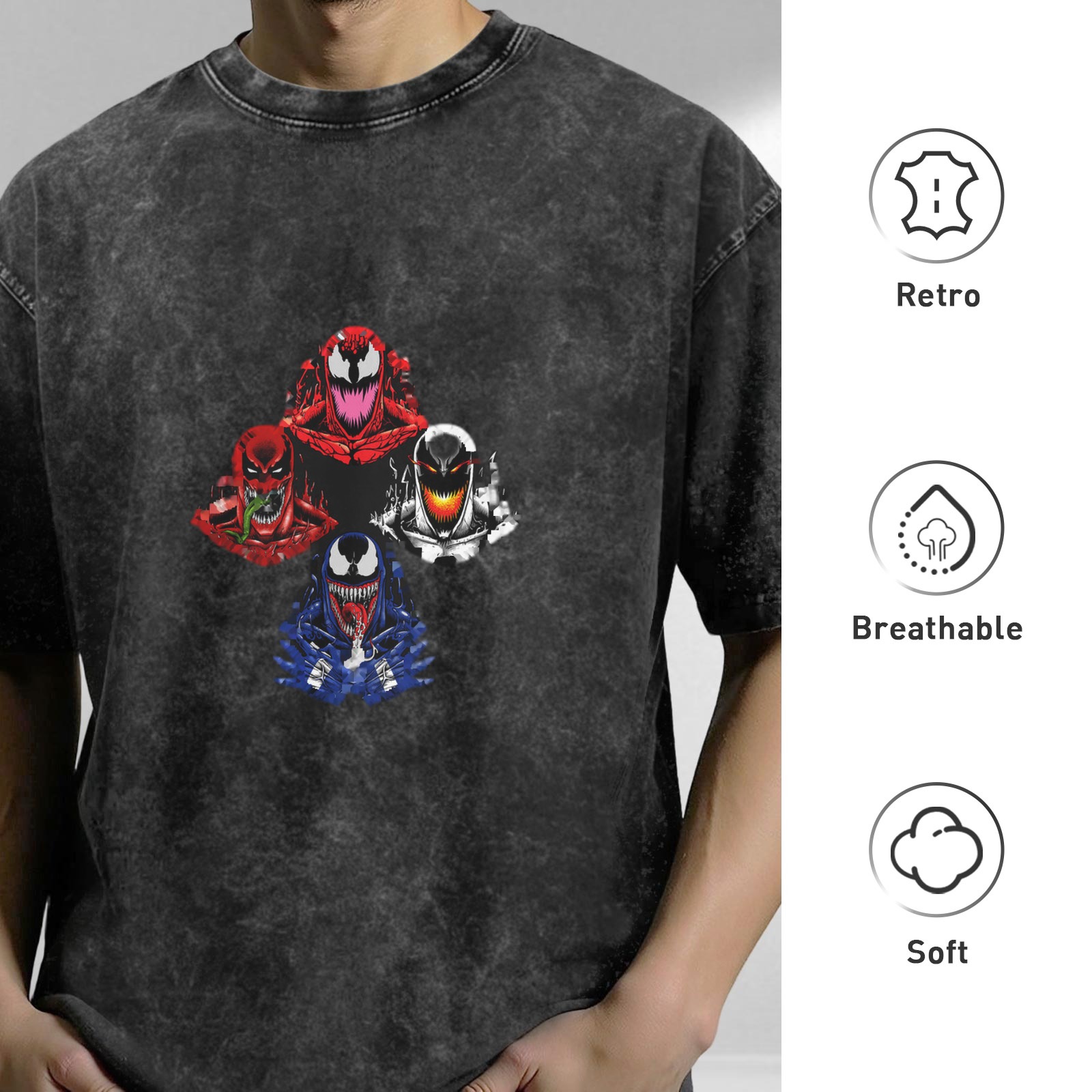 Washed Black T-Shirt With Marvel Symbiote Characters Graphic