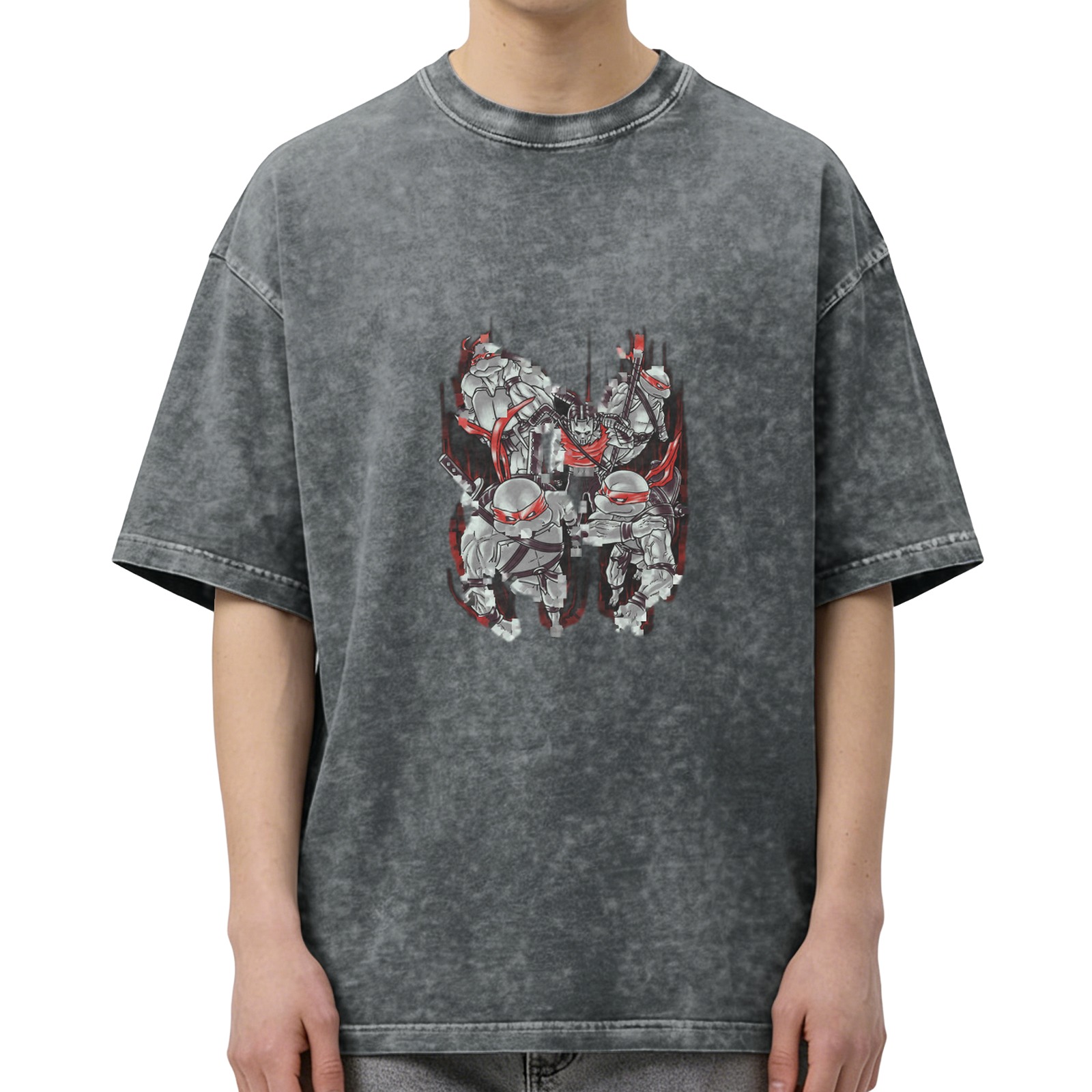 Washed Black T-Shirt with Futuristic Ninja Turtles Graphic