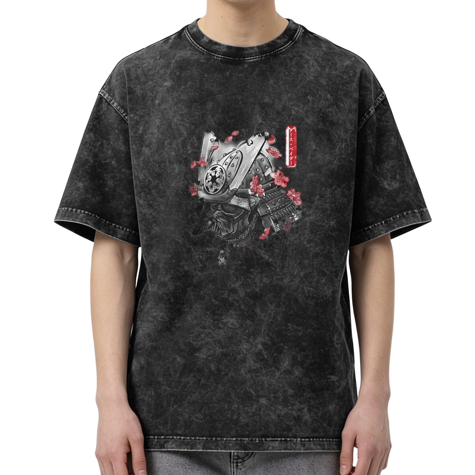Oversized Black Acid Wash T-Shirt with Samurai Helmet and Cherry Blossom Print