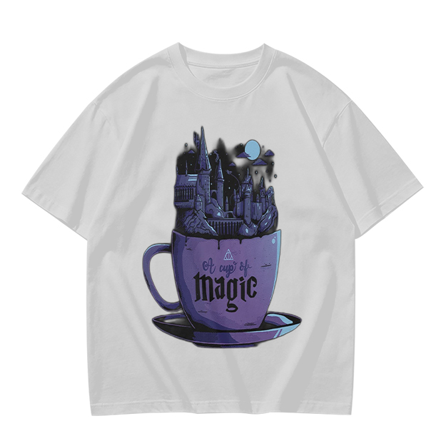 Olive T-Shirt With Teacup Holding Magical Castle Artwork