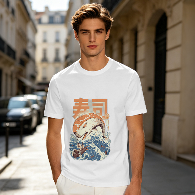Olive t-shirt with sushi monster and great wave graphic
