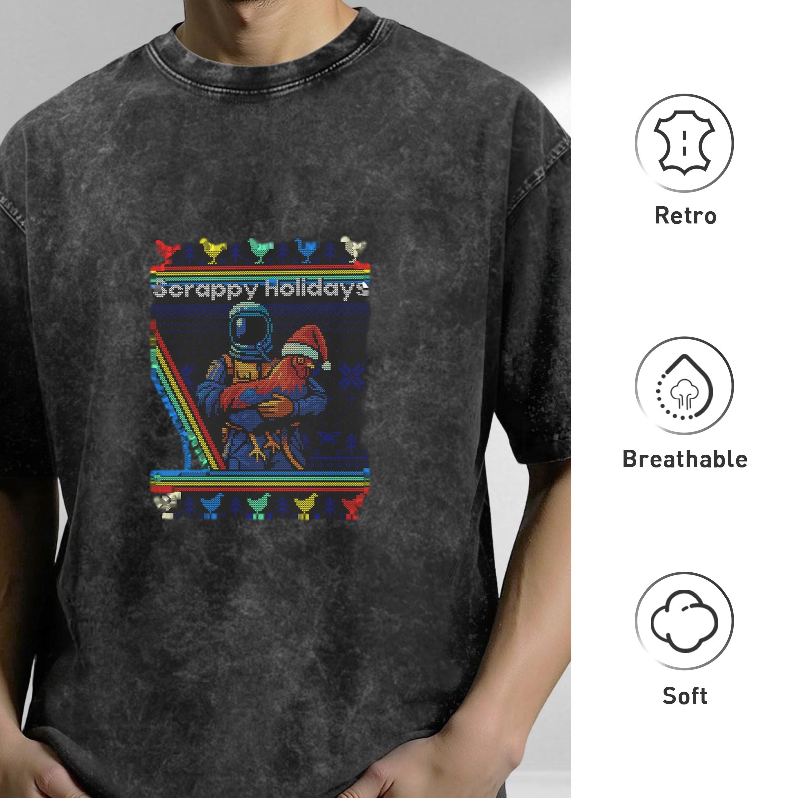 Washed Black T-Shirt with Retro Pixel Scrappy Holidays Astronaut Chicken Graphic
